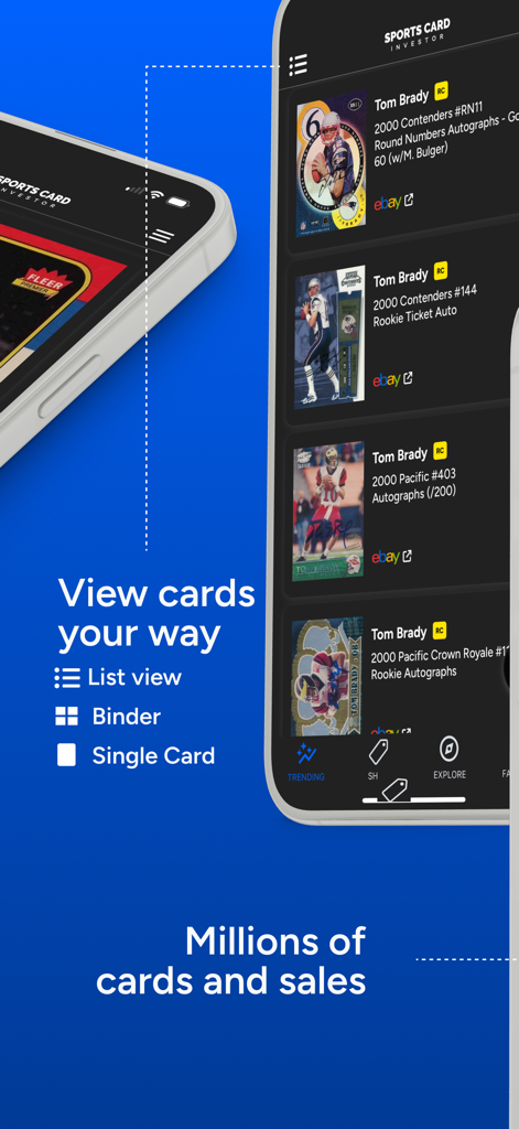 Sports Card Investor - Sports Card Investor mobile app interface showing list view and binder options for sports cards