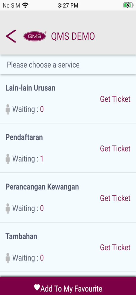 Benutzeroberfläche der QMS-App mit einer Liste von Diensten mit aktuellen Wartezahlen und Optionen zum Erhalt eines virtuellen Tickets.