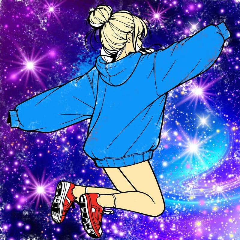 realistic girl jumping with a bun and oversized sweatshirt