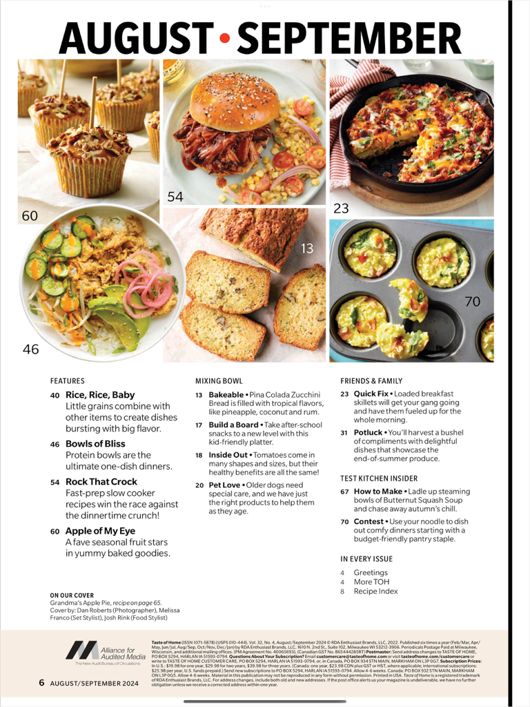 Taste of Home Magazine - August and September table of contents page from the Taste of Home Magazine app showing seasonal recipes and food photos.