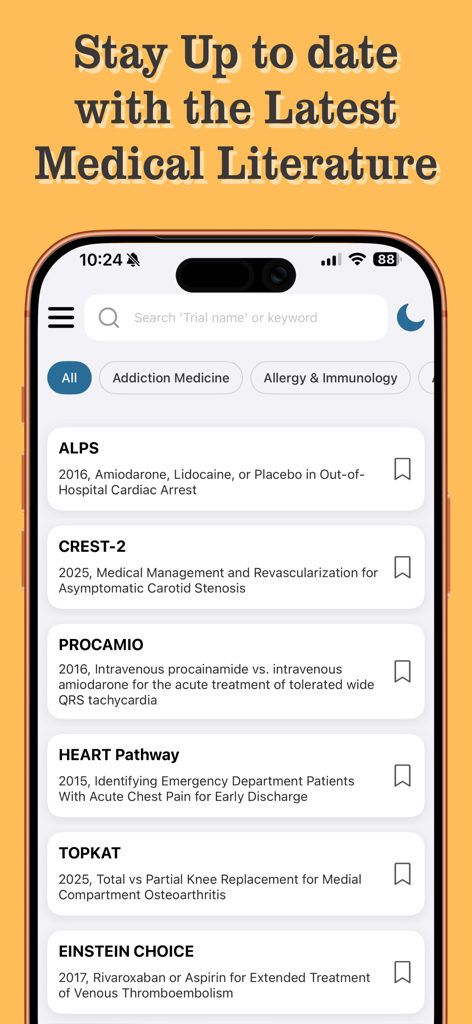 Visualmed 의료 앱에서 임상시험 요약 목록을 보여주는 스마트폰 화면.
