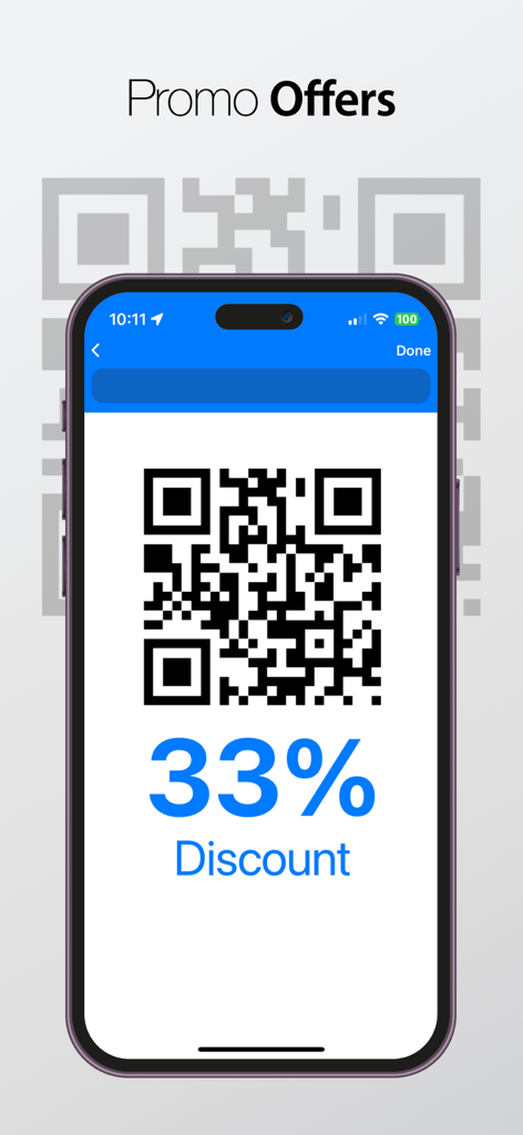 App Studio: Create an app - A smartphone screen from App Studio showing a QR code and a 33 percent discount promotion