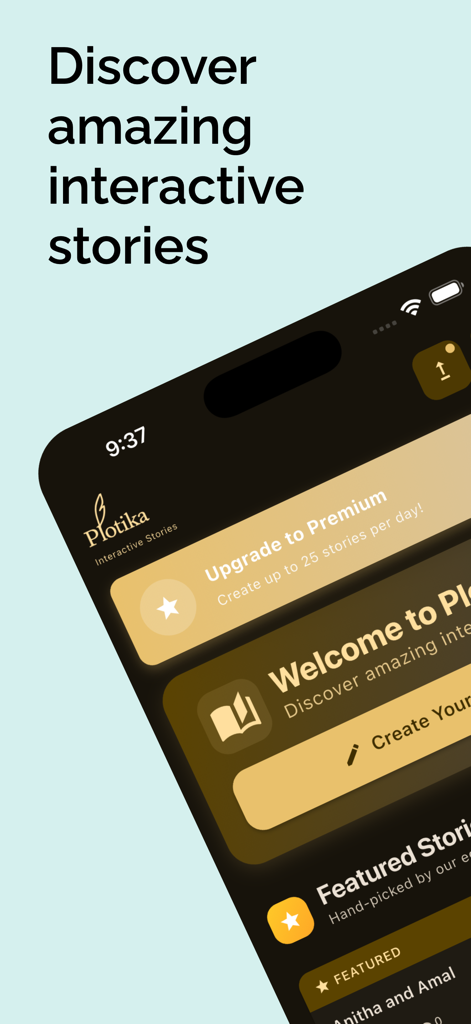 Plotika - Pantalla de inicio de la aplicación Plotika que muestra opciones para descubrir y crear historias interactivas