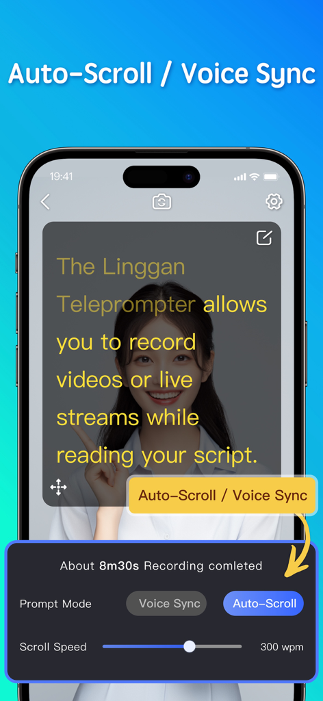 IPhone screen displaying the Teleprompter-Record Script app with auto-scroll and voice sync features for content creators
