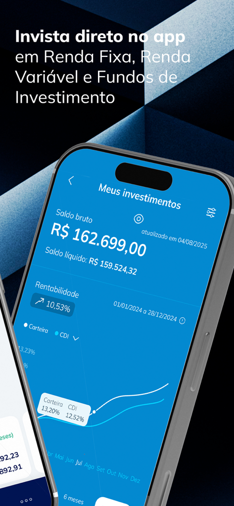 Pantalla de inversión de la aplicación Daycoval mostrando el saldo total de la cartera y el gráfico de crecimiento de rendimiento