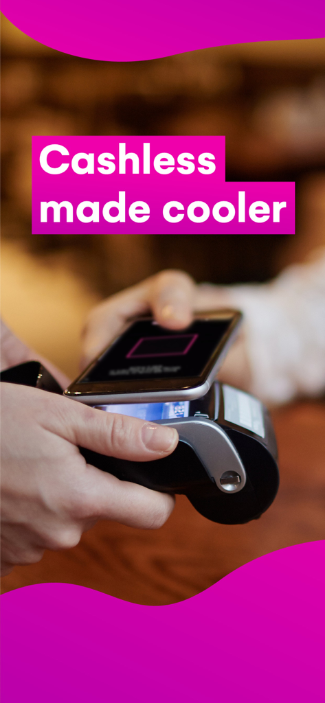 Pi Pay - A person using their smartphone to make a contactless payment with the Pi Pay app at a terminal with the text Cashless made cooler