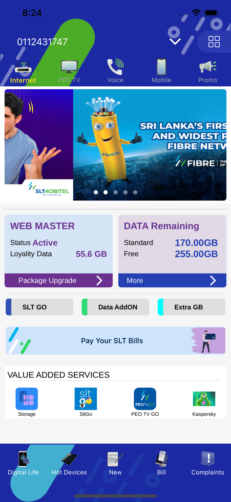 MySLT - MySLT app dashboard showing real-time data usage loyalty data and bill payment options