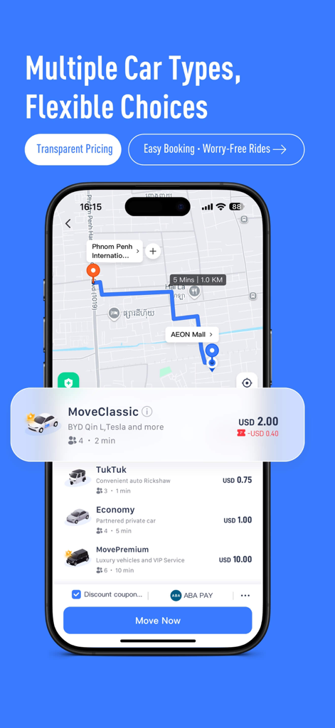 Move by LM CAR – Ride Hailing - Move by LM CAR app interface showing ride options and pricing for travel in Cambodia