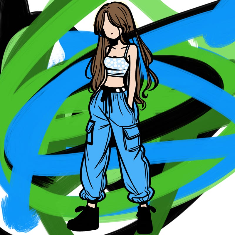 girl in baggy pants crop top and long hair