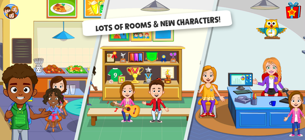 식당, 트로피 진열실, 사무실 등 마이 타운 학교 앱의 다양한 장소와 캐릭터가 담긴 콜라주