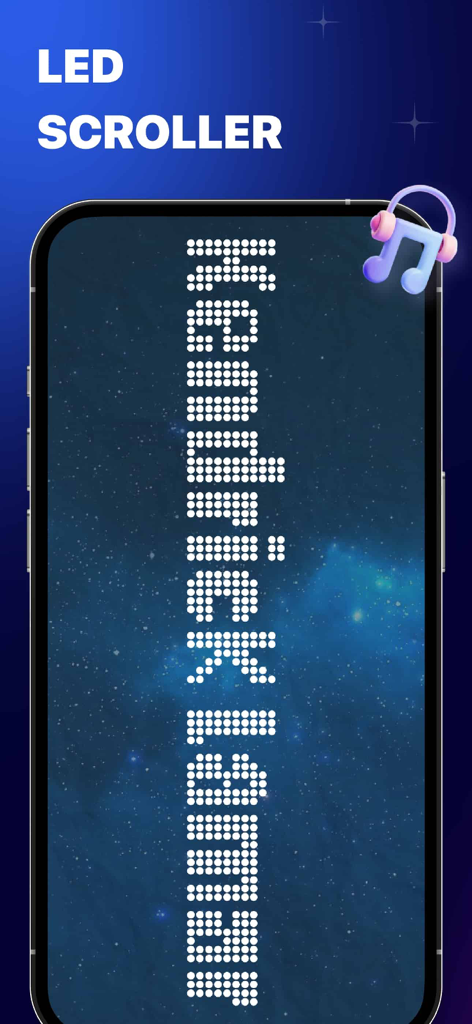iPhone screen displaying an LED scroller banner with the name Kendrick Lamar in a white dot-matrix font over a starry background.