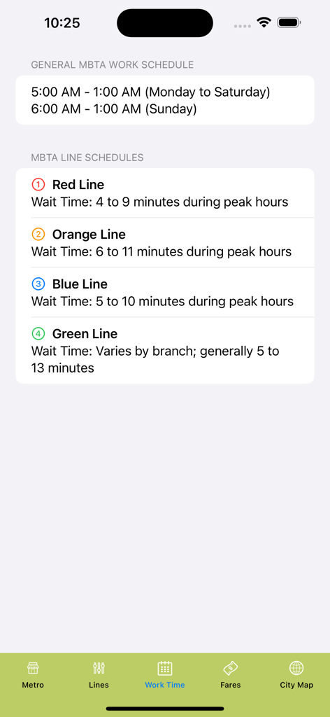 Boston MBTA subway operating hours and average wait times for Red Orange Blue and Green lines