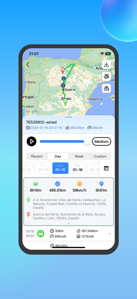 EYON app interface showing a vehicle trip route on a map with distance and duration statistics
