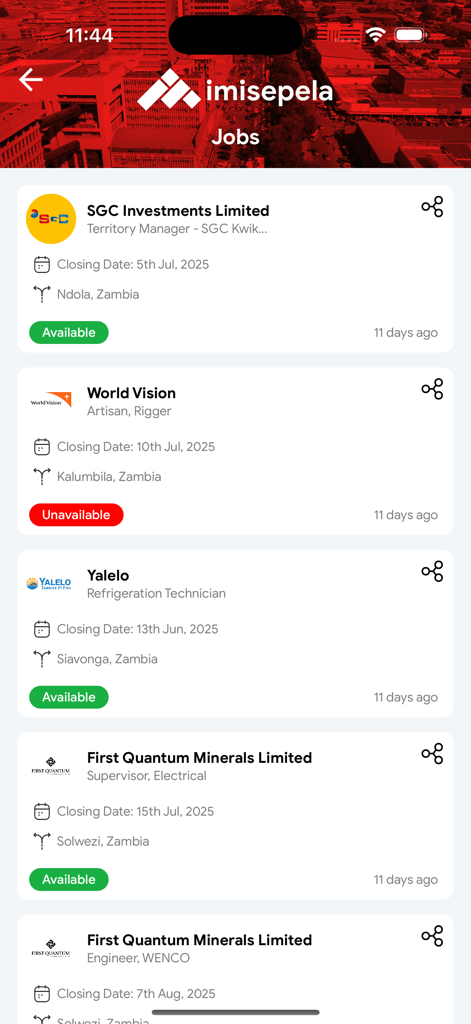 A screen from the Imisepela app displaying a list of job opportunities with company names and application deadlines.