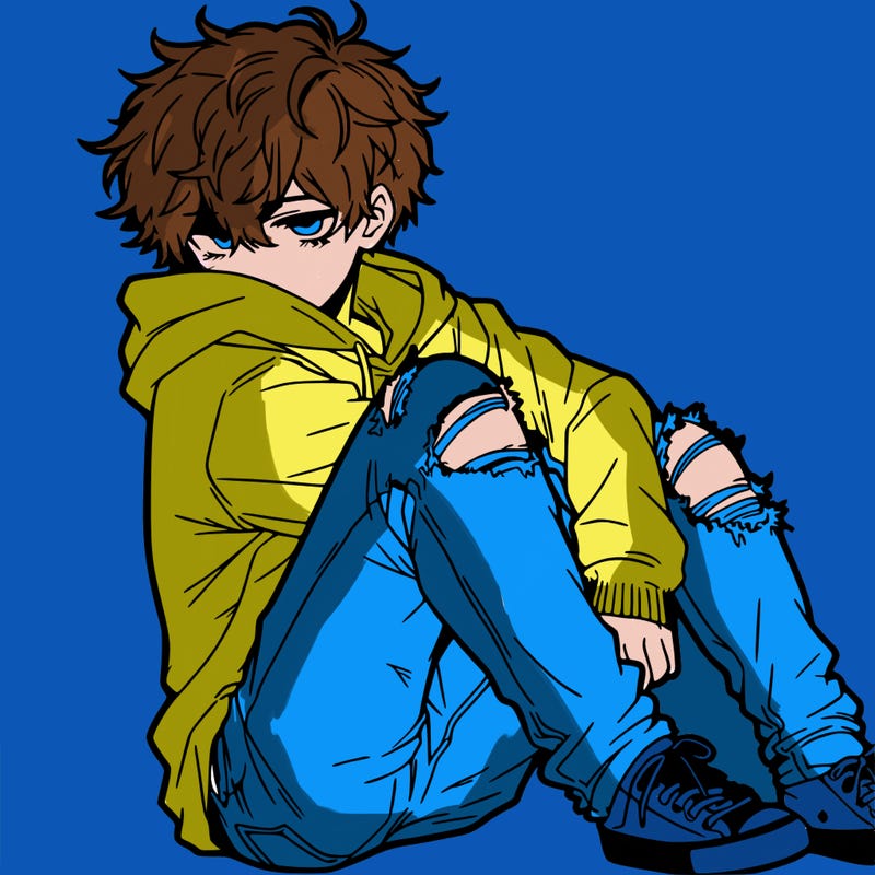 a male hoddie ripped jeans messy hair anime