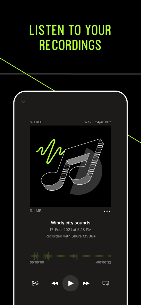 MOTIV Audio - The playback screen of the Shure MOTIV Audio app showing recording details and audio waveform.
