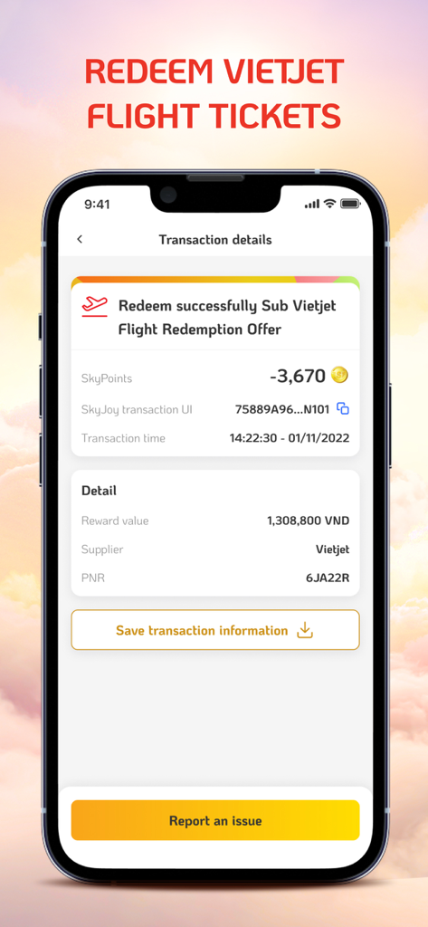 SkyJoy - SkyJoy app interface showing transaction details for a successfully redeemed Vietjet flight ticket using SkyPoints