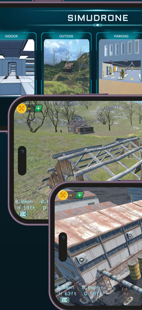 SimuDrone - Drone Simulator - SimuDrone app interface showing various flight environments and realistic drone simulation gameplay on a smartphone