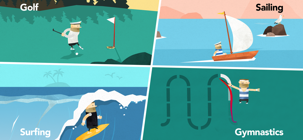 Fiete Sports Fun Minigames 4+ - Four illustrated kids sports minigames showing golf sailing surfing and rhythmic gymnastics