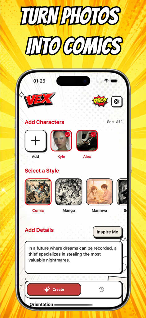 VEX: Comic Maker Manga, Manhwa - The VEX app interface showing character creation from photos and style selection for Manga and Manhwa comics