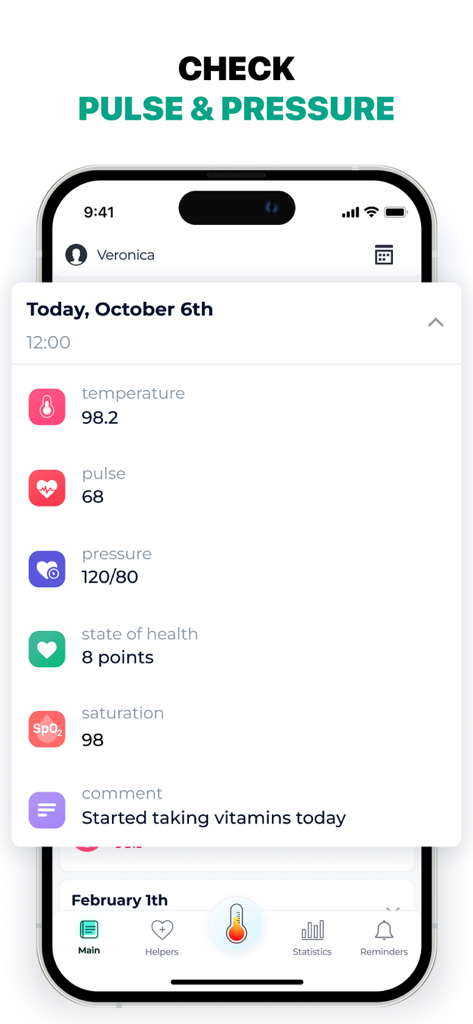 Thermo: Temperature Check In - Interface of the Thermo health app showing a daily log of vitals like temperature, pulse, and blood pressure