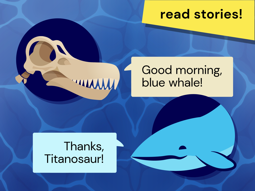 Cartoon Titanosaur skull and blue whale talking in the OLogy science app for kids