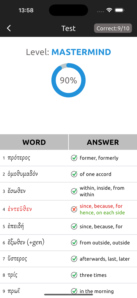 Biblical Greek vocabulary test results screen showing 90 percent score and word translations