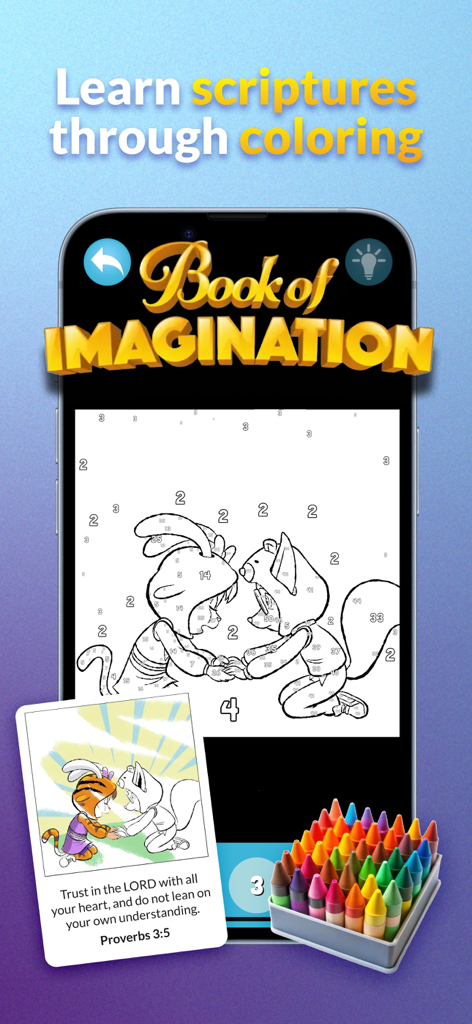 TruPlay Christian Games - A digital coloring page from TruPlay Christian Games featuring a Bible verse card and color by number interface
