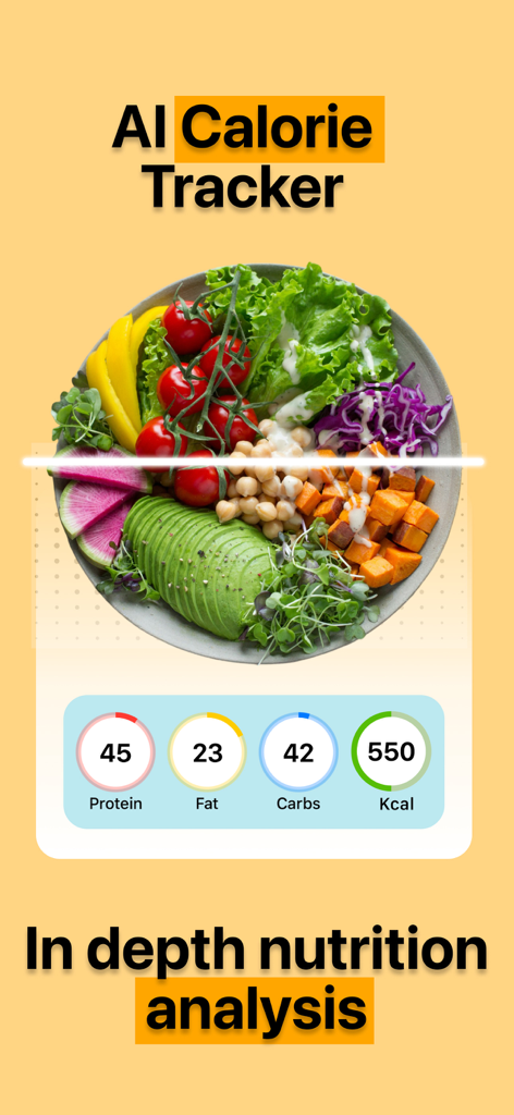 SnapKal: Photo Calorie Counter - SnapKalアプリがサラダボウルのAIカロリー追跡と栄養分析を表示している様子