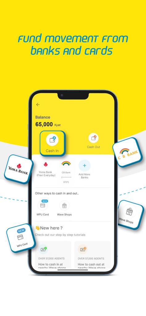 WavePay - WavePayアプリの画面。銀行やカードからの資金移動、入金と出金のオプションを表示しています。