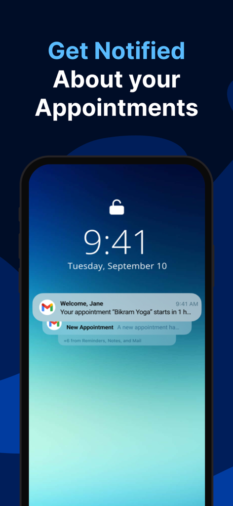 Trafft mobile app showing appointment reminders and new booking notifications on a smartphone lock screen