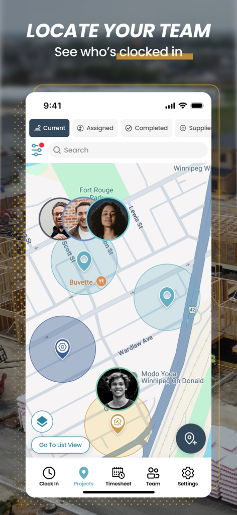 ConstructionClock Time Tracker - Real-time map view of the ConstructionClock app showing worker locations and project site geofences.