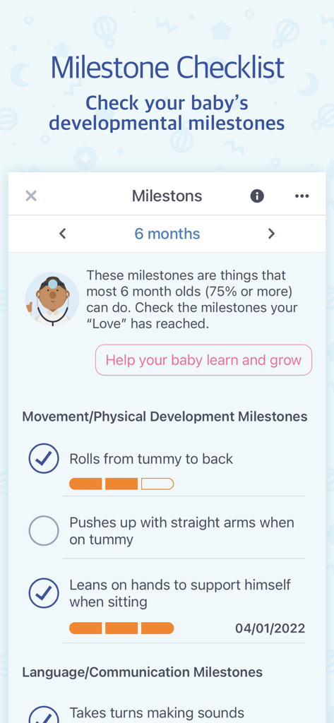 Milestone checklist for a 6 month old baby on BabyTime app showing physical development tasks