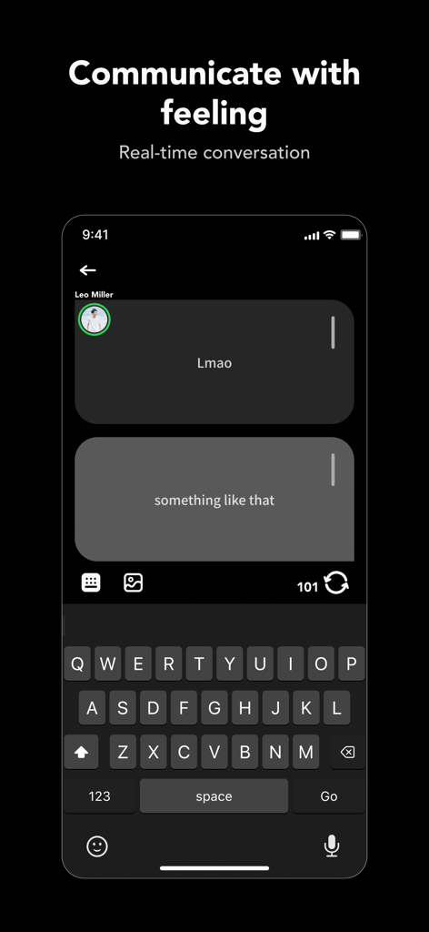 Jiffcy app interface showing a real-time text conversation in dark mode