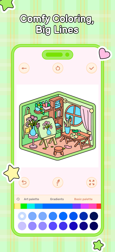 Cozy Home: Comfy Coloring Book - Eine digitale Malbuchoberfläche, die einen handgezeichneten, gemütlichen Kunstatelierraum mit kräftigen Linien und einer blauen Farbpalette zeigt.