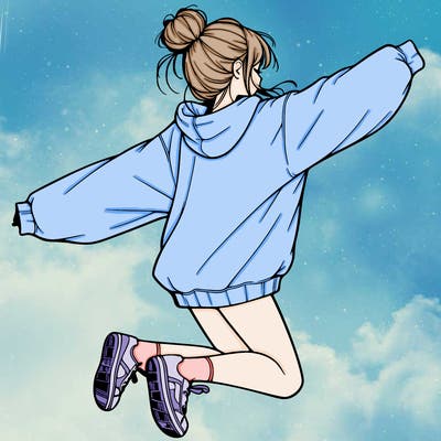 realistic girl jumping with a bun and oversized sweatshirt