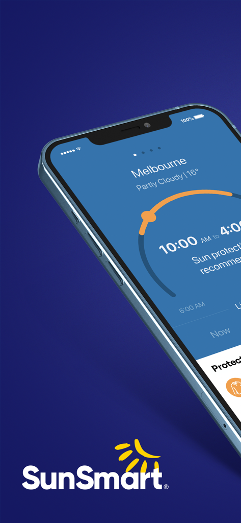 SunSmart Global UV - Pantalla de teléfono inteligente que muestra recomendaciones de protección solar y pronóstico del tiempo en la aplicación SunSmart Global UV