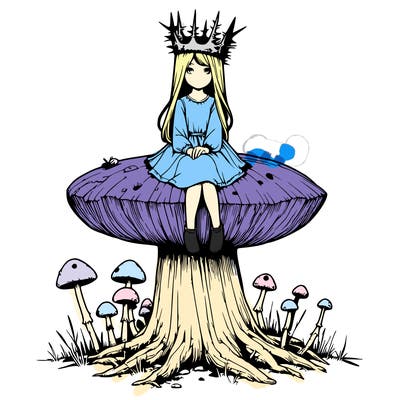 realistic girl sitting on a huge tree stump size toadstool with thorn crown