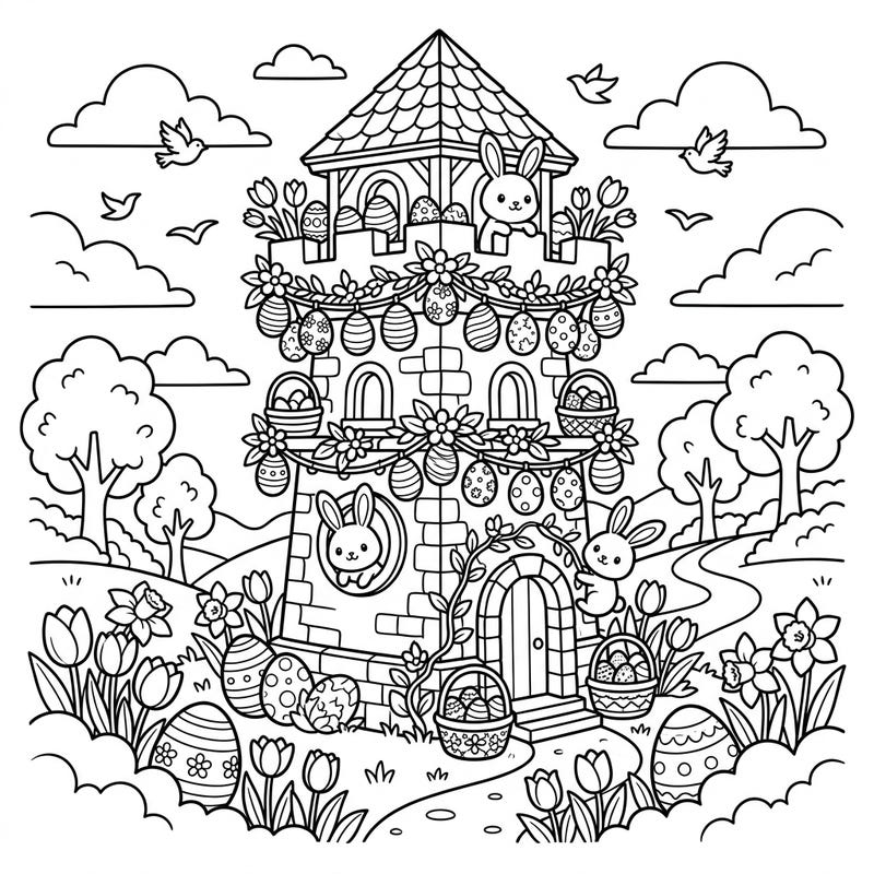 Discover a charming watchtower transformed into an Easter delight, complete with playful bunnies, decorative eggs, and blooming spring flowers. This delightful coloring page offers a unique blend of historical structure and festive cheer, perfect for celebrating the season.