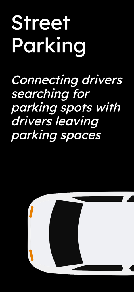 ParkNYC: Street Parking - Introductory screen for ParkNYC app showing a white car and text about connecting drivers to find street parking spots.