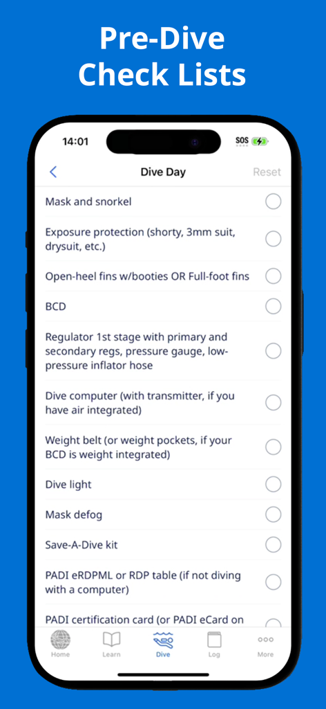 Scuba diving pre-dive gear checklist on the PADI mobile app