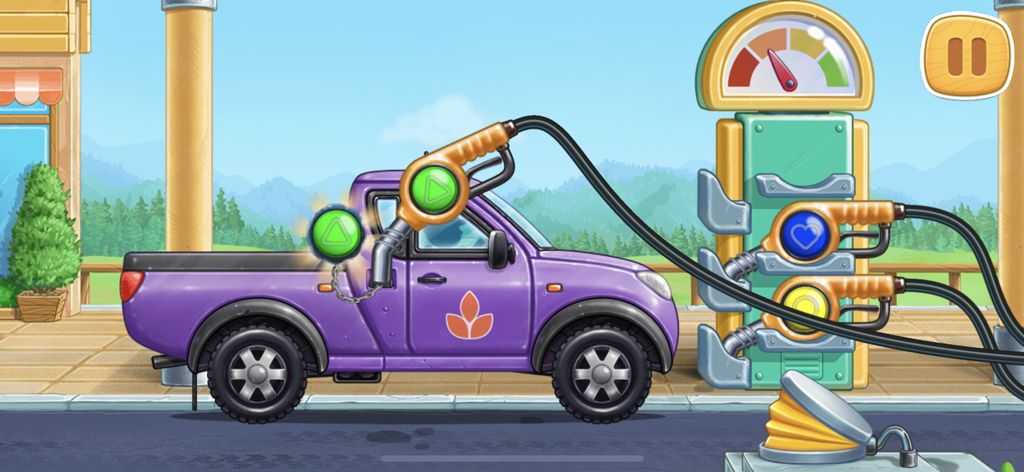 Farm car games: Tractor, truck - Una camioneta morada repostando en una colorida estación de servicio en un juego educativo para niños pequeños