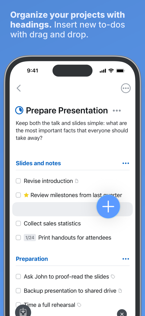 Interfaz de Things 3 que muestra la organización de proyectos con encabezados y una función de arrastrar y soltar para las tareas pendientes.