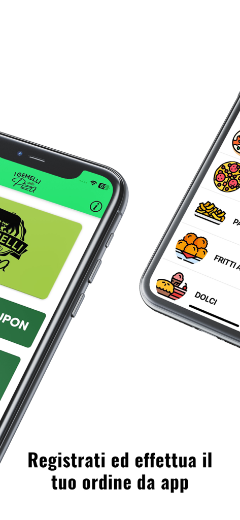 I Gemelli Della Pizza - Mobile app interface for I Gemelli Della Pizza showing food menu and coupons