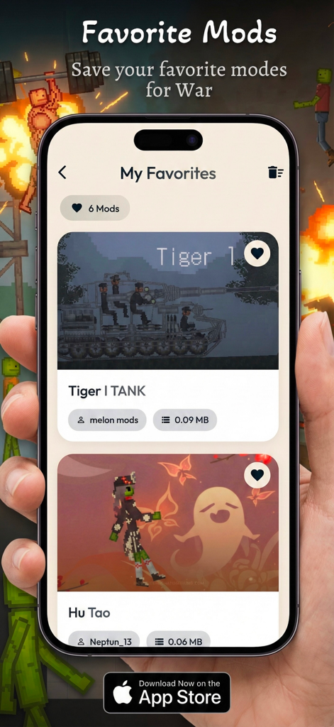 The My Favorites screen of the Mega Mods for Melon Playground app showing saved mods like a tank and an anime character.
