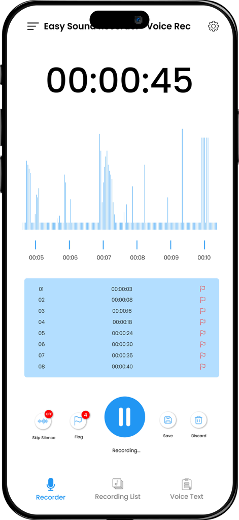 Easy Sound Recorder app interface showing an active voice recording with flags and audio waveform