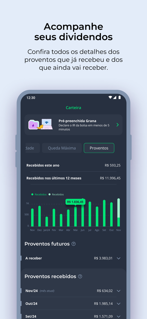 Panel de control de la app Grana que muestra un gráfico de dividendos mensuales e ingresos futuros