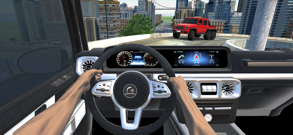 Offroad G63 - First person interior driving view of a luxury SUV in a city setting