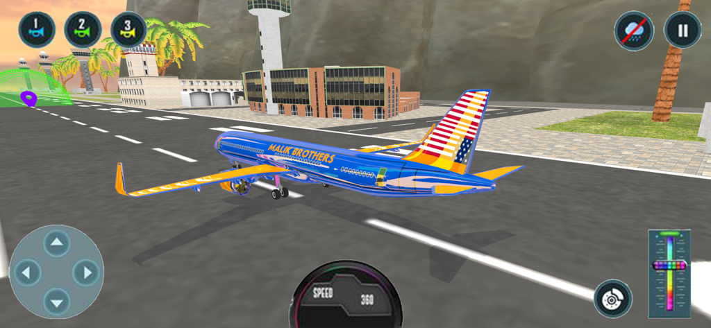 Airplane Fly Simulator Game 3D - Ein blauer Verkehrsflugzeug mit einer US-Flaggen-Heckflosse auf einer Flughafenbahn in einem 3D-Flugsimulator-Spiel.