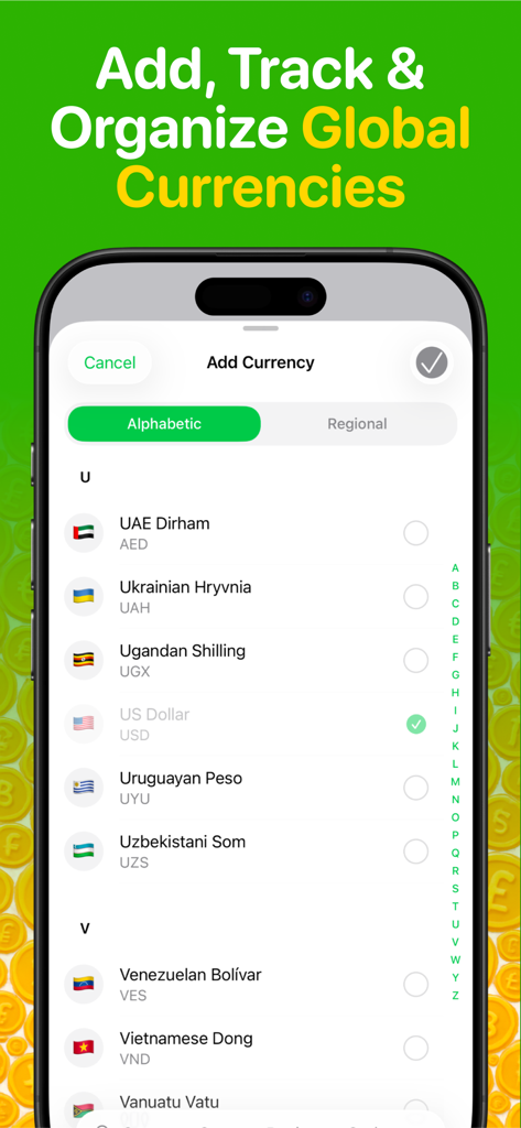 Currency Converter & Tracker - Pantalla de la aplicación móvil para seleccionar y rastrear divisas internacionales alfabéticamente.